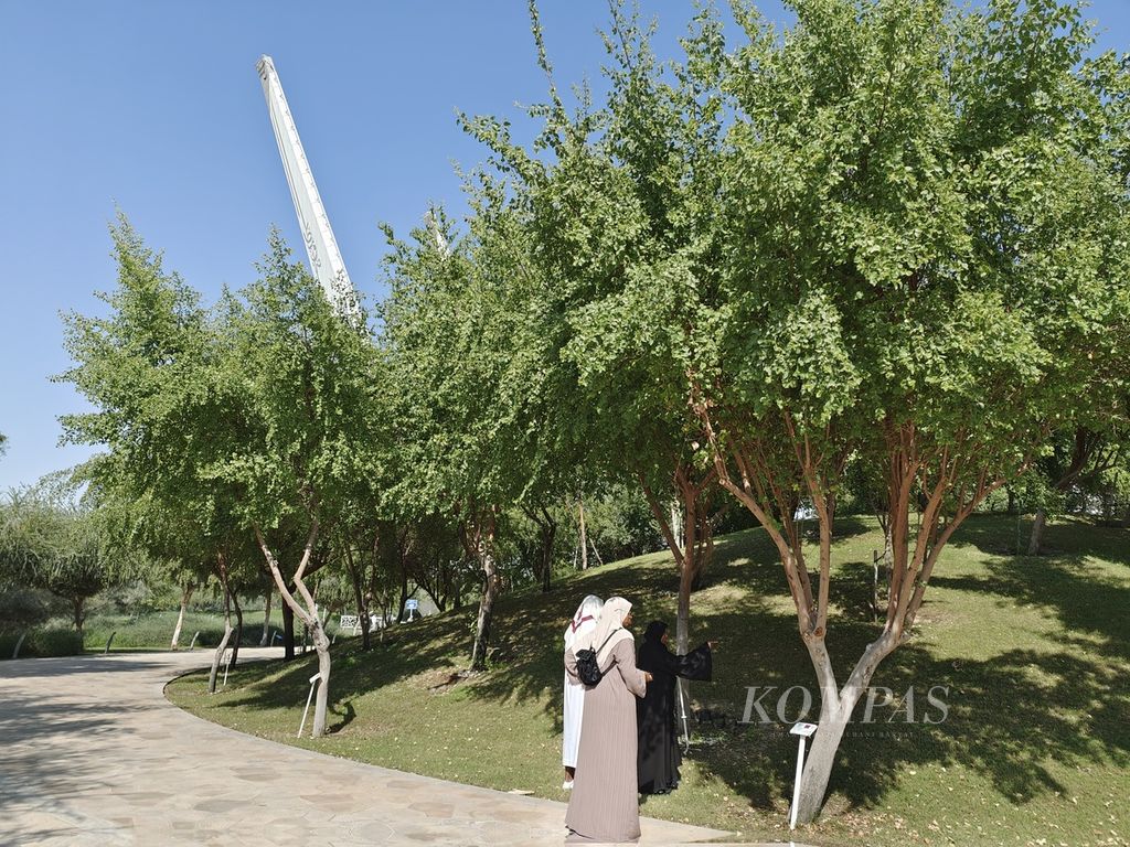 Pengunjung tengah membaca penjelasan tentang jenis pohon yang berada di Oxygen Park, kawasan Education City, Doha, Jumat (25/11/2022). Kawasan itu rendah dengan pepohonan.