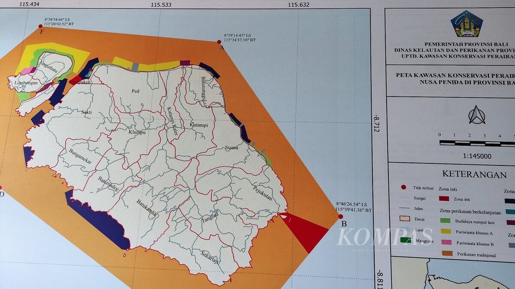 Foto peta kawasan konservasi perairan di Nusa Penida, Kabupaten Klungkung, Bali, 