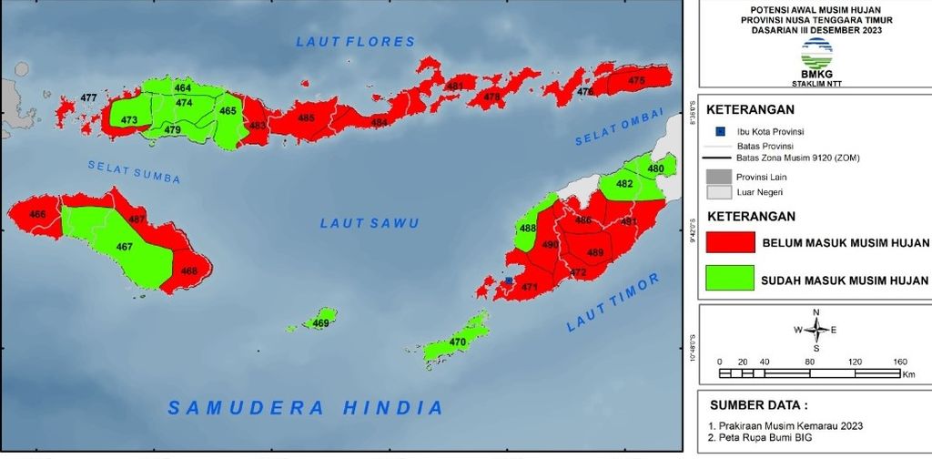 Peta Nusa Tenggara Timur memperlihatkan warna merah, berarti belum terjadi musim hujan, dan warna hijau, artinya sudah terjadi musim hujan. Tampak sebagian besar wilayah NTT belum memasuki musim hujan. Biasanya pada periode ini seluruh willayah NTT sudah memasuki musim hujan.