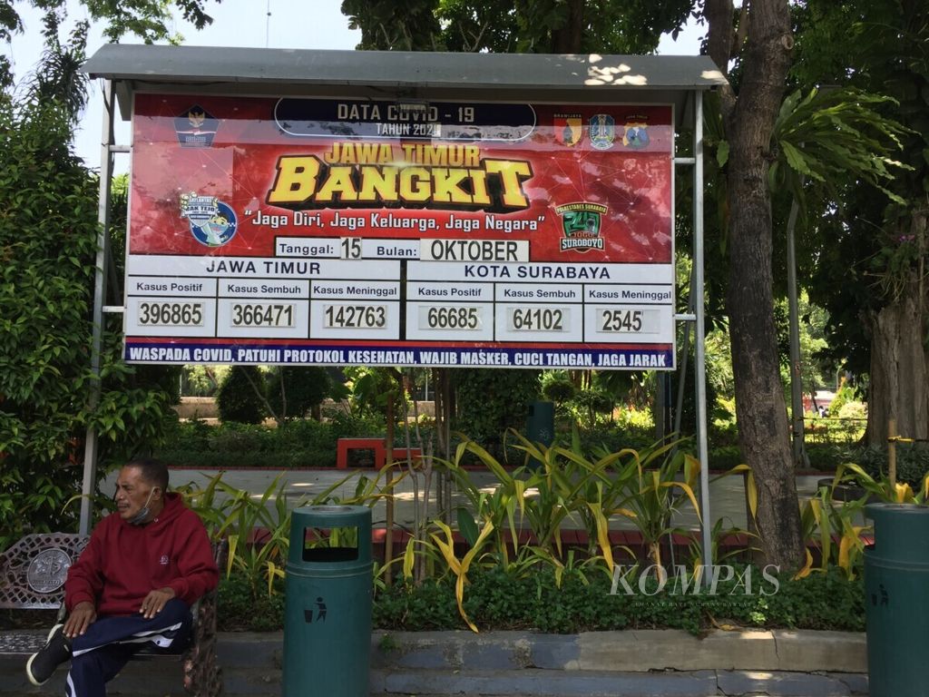 Papan informasi situasi pandemi Covid-19 yang terakumulasi sejak Maret 2020 di Taman Bungkul, Surabaya, Jawa Timur, Rabu (20/10/2021).
