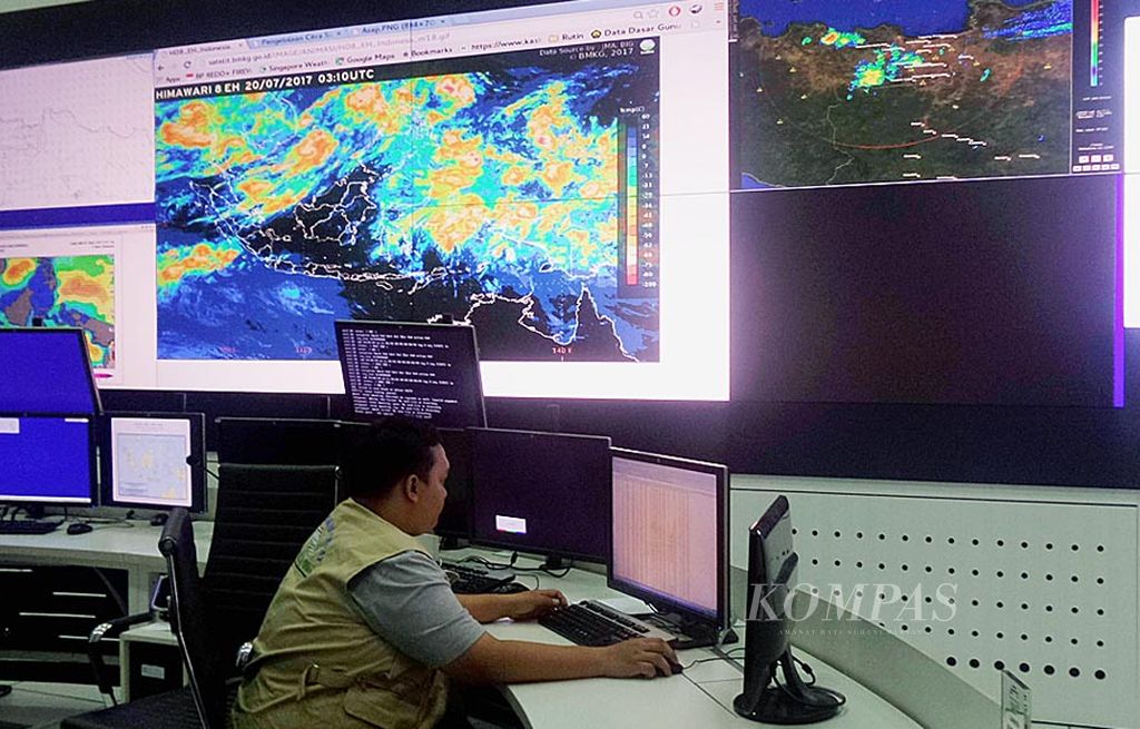 Meteorology Early Warning Center di kantor pusat Badan Meteorologi, Klimatologi, dan Geofisika  di Jakarta menampilkan citra liputan awan, arah dan kecepatan angin, serta sistem prakiraan kondisi kelautan. Citra di layar monitor ini hasil pengindraan jauh satelit cuaca Himawari dan radar.