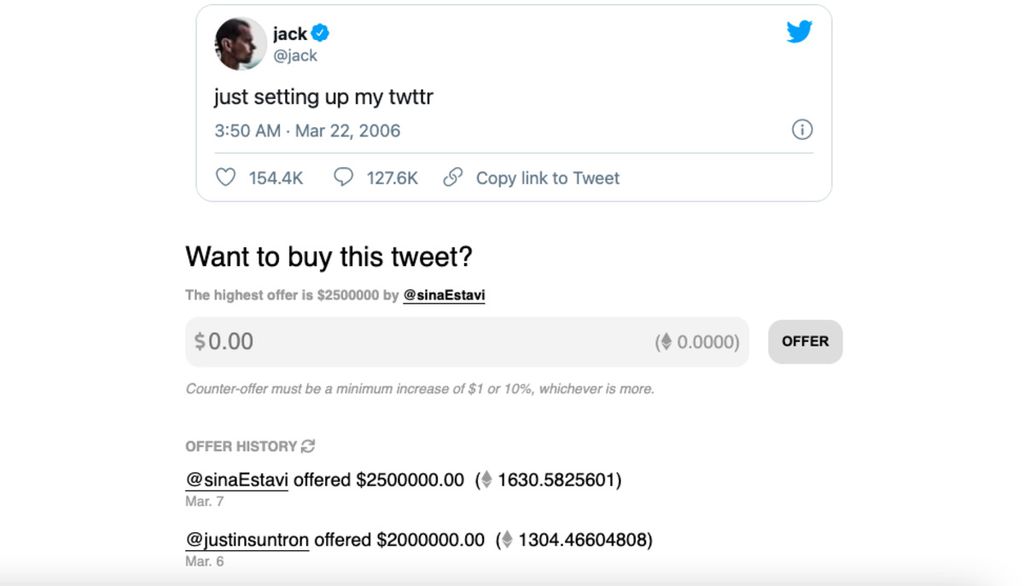 Tangkapan layar dari laman Valuable, di mana cuitan pertama pendiri Twitter, Jack Dorsey, dijual sebagai NFT, Rabu (17/3/2021).
