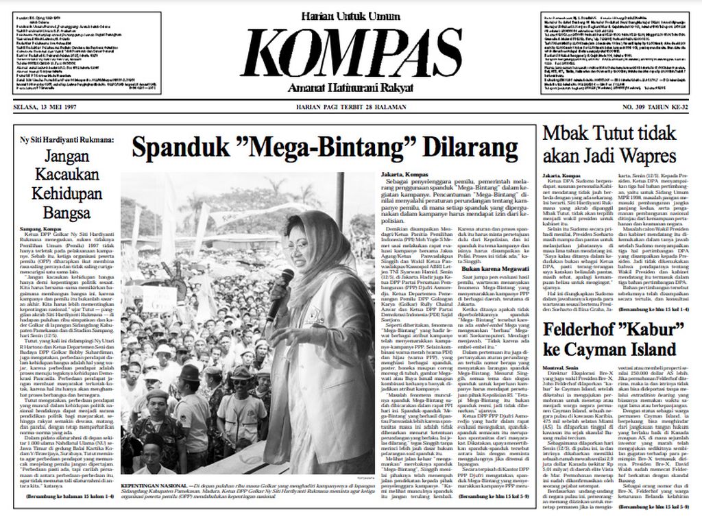 Berita tentang larangan memasang spanduk Mega-Bintang” menjadi <i>headline</i> di <i>Kompas</i> edisi 13 Mei 1997.
