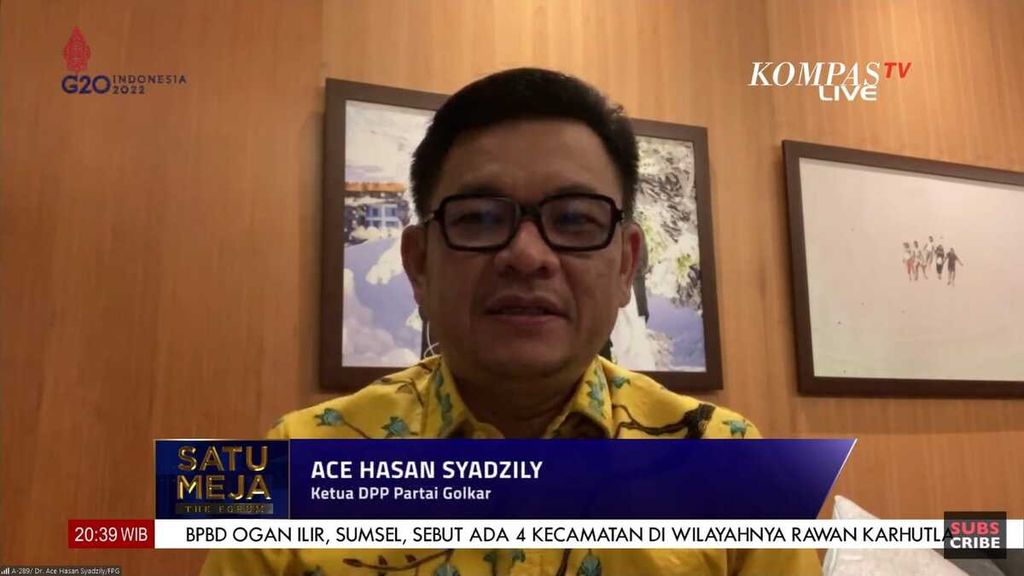 Ketua DPP Partai Golkar Ace Hasan Syadzily pada acara Satu Meja The Forum bertajuk Silaturahmi Politik dan Arah Koalisi yang disiarkan Kompas TV, Rabu (11/5/2022) malam.
