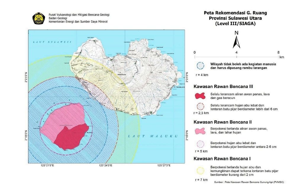 Tangkapan layar Peta Rekomendasi Gunung Ruang pada Level Siaga yang dikeluarkan Pusat Vulkanologi dan Mitigasi Bencana Geologi, Rabu (17/4/2024).
