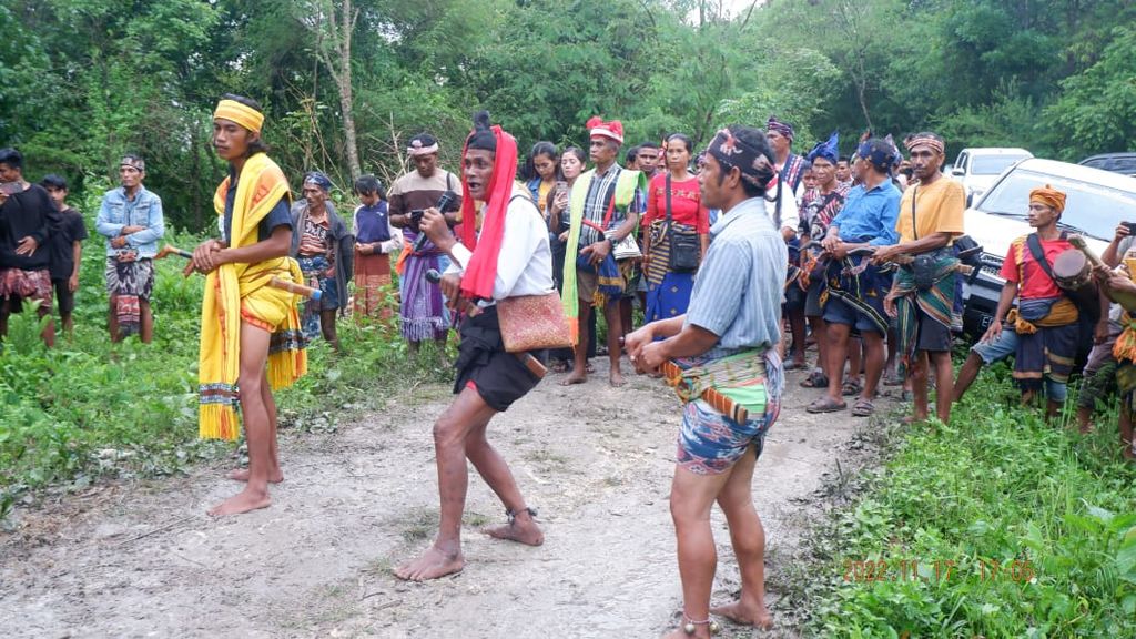 Para tetua adat atau para kabihu membawakan ritual adat simbol mengusir ketamakan dan keserakahan untuk melestarikan hutan, menjaga sumber-sumber mata air, dan mengawal tanah adat Sumba di Lewa, Sumba, NTT, Senin (21/11/2022).