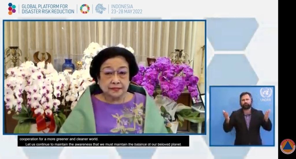 Tangkapan layar dari tayangan Presiden ke-5 RI Megawati Soekarnoputri ketika memberikan pidato dalam acara penutupan Pertemuan Ke-7 Forum Kebijakan Global Pengurangan Risiko Bencana (GPDRR) 2022, Jumat (27/5/2022).