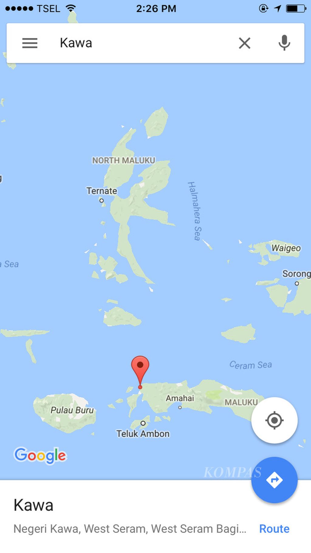 Kabupaten Seram Bagian Barat, Maluku, dilihat dari Google Map.