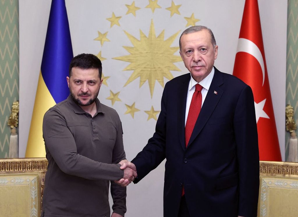 Presiden Turki Recep Tayyip Erdogan menyambut kunjungan Presiden Ukraina Volodymyr Zelenskyy di Mansion Vahdettin, Istanbul, Turki, Jumat (7/7/2023). 