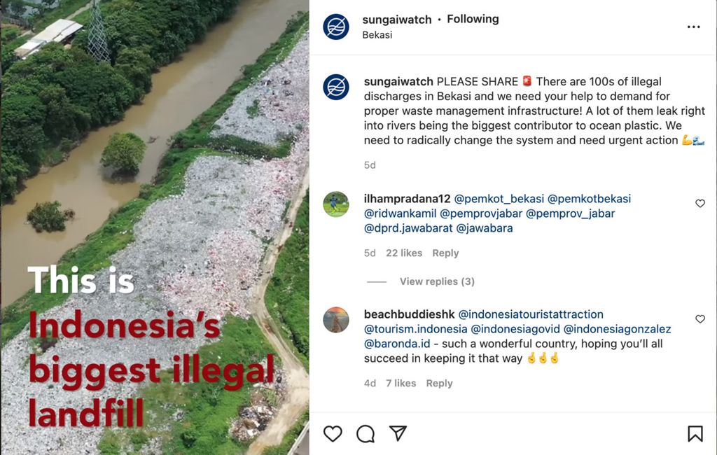 Tangkapan layar unggahan di akun Instragram Sungai Watch terkait sampah di Cikarang Bekasi Laut.