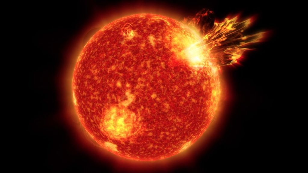 Konsep artis tentang aktivitas Matahari pada 4 miliar tahun lalu atau saat Matahari baru terbentuk. Energi Matahari saat itu berperan dalam pembentukan molekul di atmosfer Bumi yang masih muda sehingga Bumi semakin hangat dan memungkinkan menopang adanya kehidupan.
