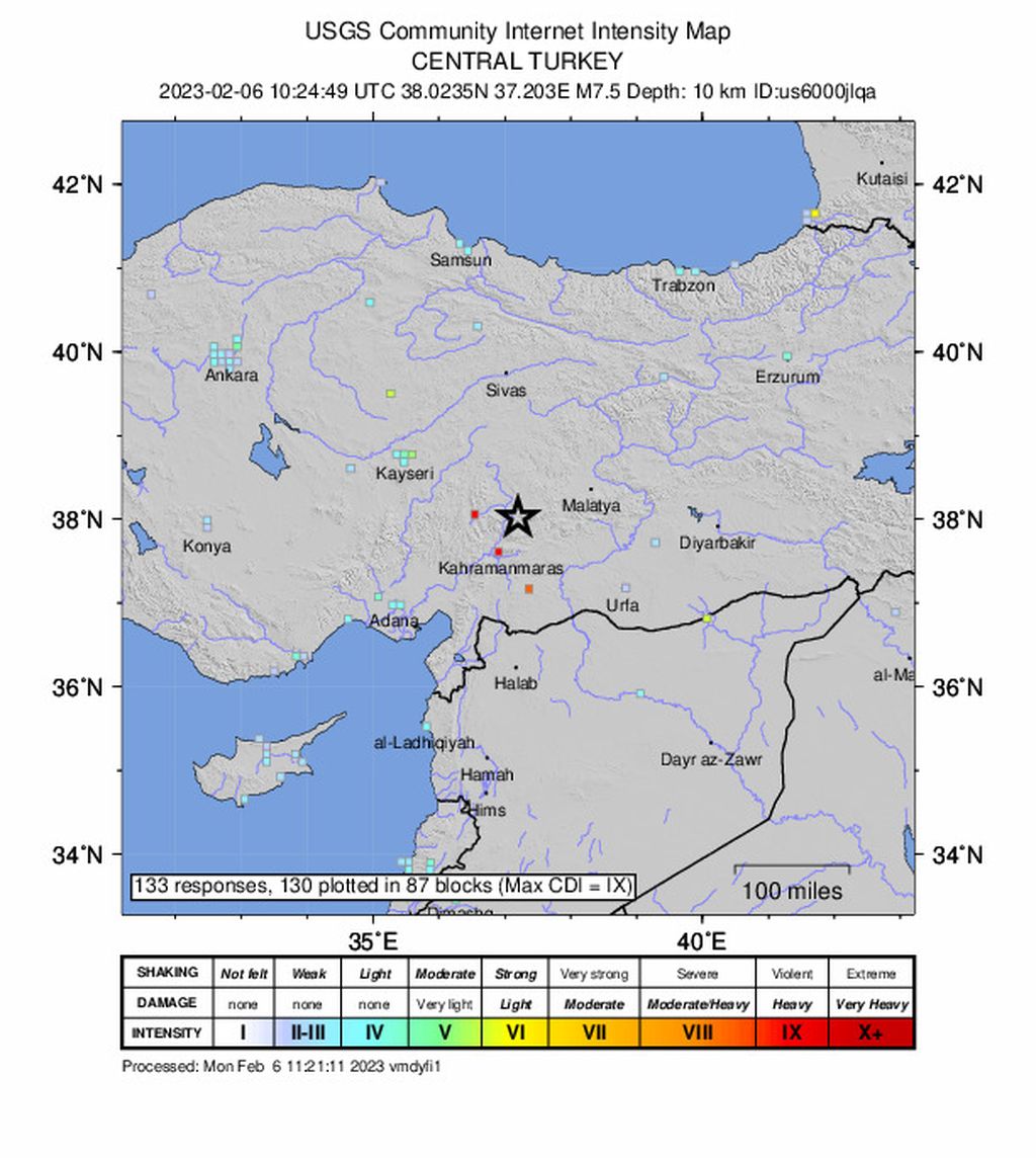 Gempa susulan berkekuatan M 7,5 melanda Turki pada Senin (6/2), sembilan jam setelah gempa pertama yang berkekuatan M 7,8. 