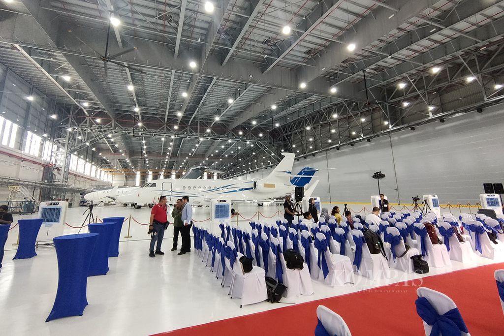 Suasana acara pembukaan fasilitas hanggar ExecuJet MRO Services pada Kamis (2/5/2024) di kawasan Bandara Subang, Selangor, Malaysia.