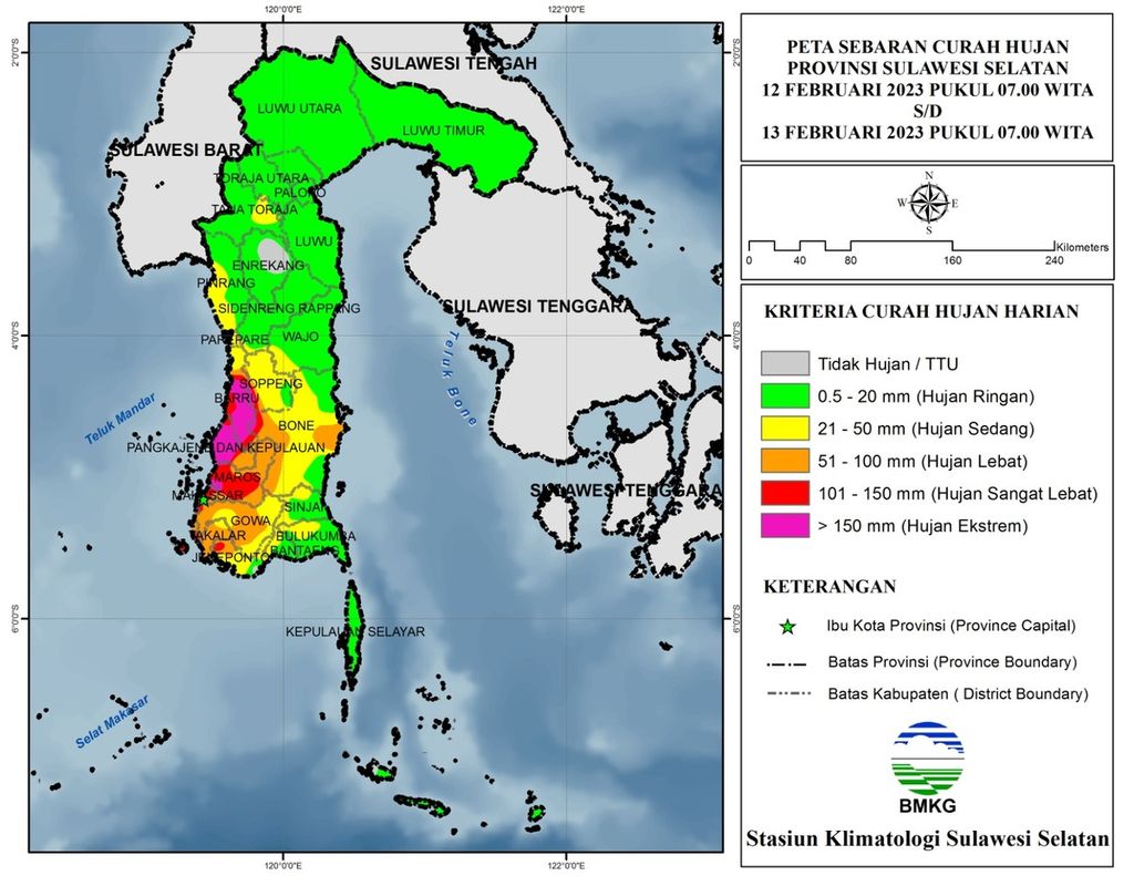 Informasi prakiraan cuaca yang dikeluarkan BMKG Wilayah IV Makassar, Senin (13/2/2023), menunjukkan sejumlah wilayah di Sulsel yang akan mengalami cuaca buruk berupa hujan lebat hingga sangat lebat. Beberapa kabupaten, ternasuk sebagian Kota Makassar, diperkirakan akan dilanda hujan ekstrem.