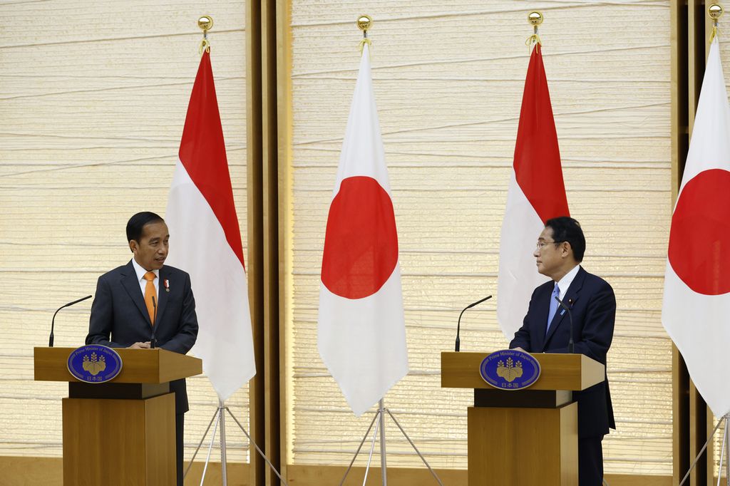 Indonesian President Joko Widodo, left, and Japan's Prime Minister Fumio Kishida attend a joint news conference at the prime minister's official residence in Tokyo Wednesday, July 27, 2022. (Kiyoshi Ota/Pool Photo via AP)