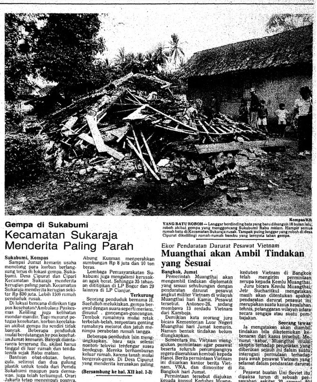 Kliping digital Harian <i>Kompas</i> pada 13 Februari 1982 terkait gempa di Cianjur.