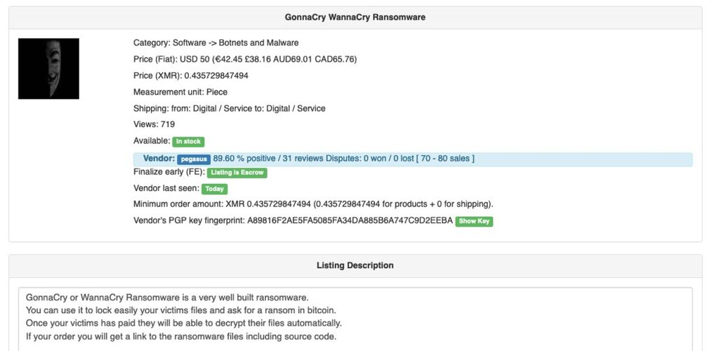 Penjualan <i>ransomware wannacry</i> yang ditemukan pada 10 November 2020 dari salah satu situs perdagangan jaringan gelap internet (<i>dark web</i>).