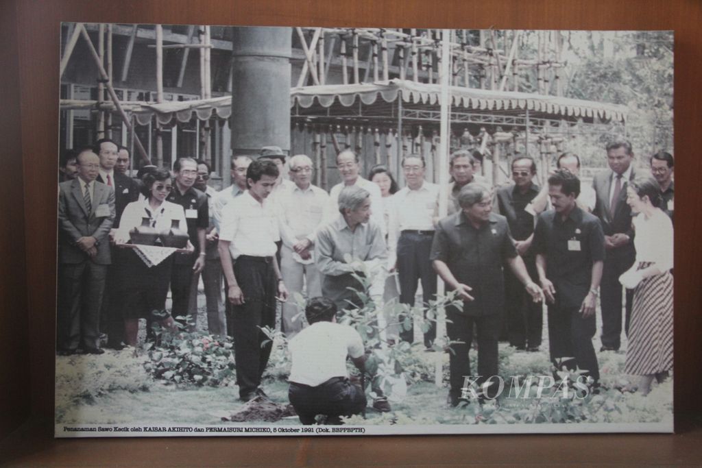 Foto dokumentasi saat Kaisar Jepang Akihito dan Permaisuri Michiko menanam pohon sawo kecik di halaman gedung yang sekarang menjadi Kantor Balai Besar Pengujian Standar Instrumen Kehutanan (BBPSIK) di Kabupaten Sleman, Daerah Istimewa Yogyakarta. Penanaman pohon itu dilakukan pada 5 Oktober 1991.
