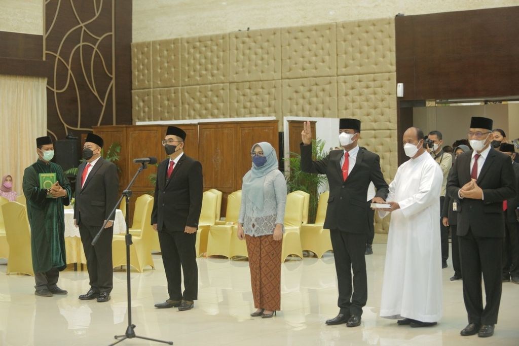 Suasana pelantikan lima pejabat tinggi madya di lingkungan Otorita Ibu Kota Nusantara, di Jakarta, Kamis (13/10/2022).