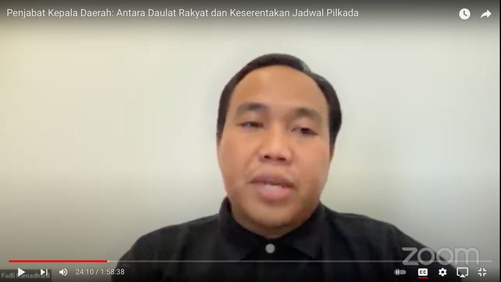 Fadli Ramadhanil, Manajer Program Perludem, dalam diskusi virtual bertajuk "Penjabat Kepala Daerah: Antara Daulat Rakyat dan Keserentakan Jadwal Pilkada," Minggu (24/4/2022).