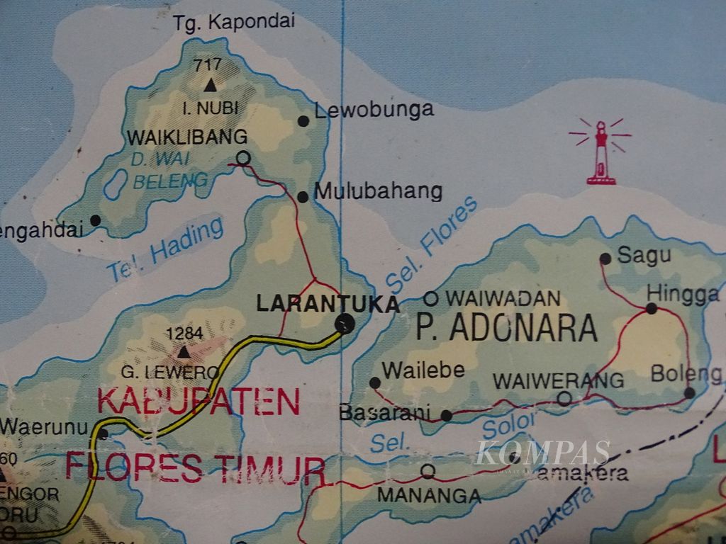Peta Pulau Adonara yang terletak di Kabupaten Flores Timur. Flores Timur terdiri dari tiga pulau, yakni Adonara, Solor, dan Pulau Flores bagian timur.