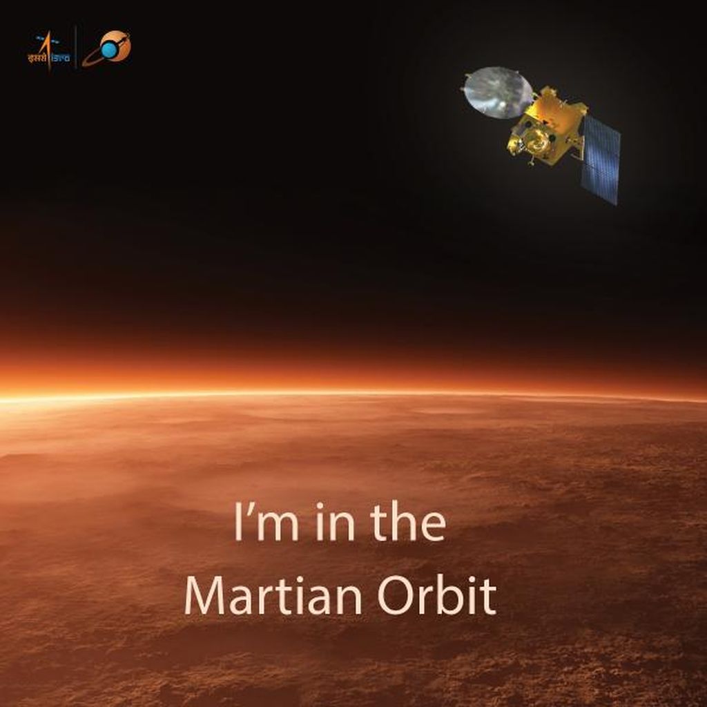 Ilustrasi wahana pengorbit Mars milik India, Mangalyaan-1 saat mengorbit planet merah Mars. Wahana ini diluncurkan pada 2013, sampai di Mars pada 2014 dan langsung bekerja hingga 2022 saat sumber dayanya habis.