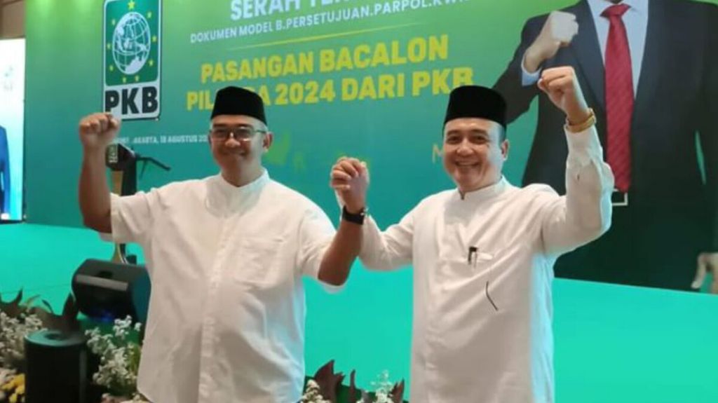 Bakal calon wali kota Bandung dan bakal calon wakil wali kota Bandung, Muhammad Farhan-Erwin, Minggu (18/8/2024), di Jakarta. Pasangan ini diusung Partai Nasdem dan Partai Kebangkitan Bangsa.