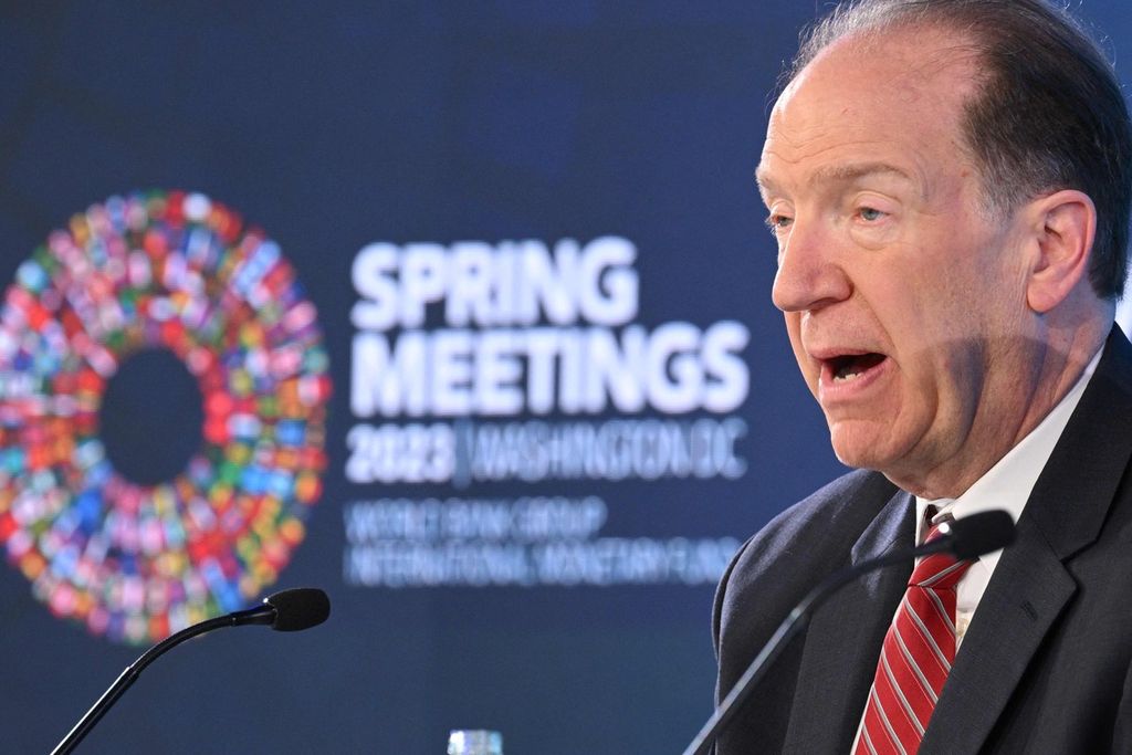 World Bank Group President David Malpass speaks at a briefing during the World Bank Group and the International Monetary Fund Spring Meetings in Washington, DC on April 13, 2023. (Photo by Mandel NGAN / AFP)