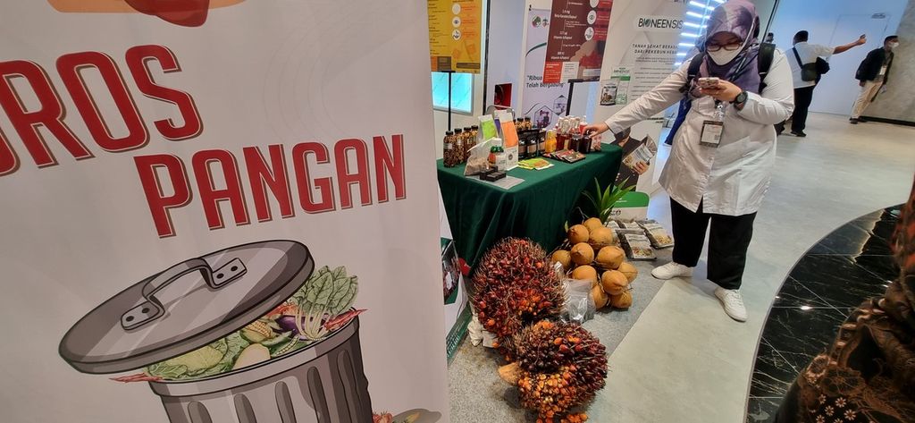 Tandan buah segar (TBS) kelapa sawit diperlihatkan di stan Indonesia Retail Summit 2022 di Jakarta, Senin (15/8/2022). 