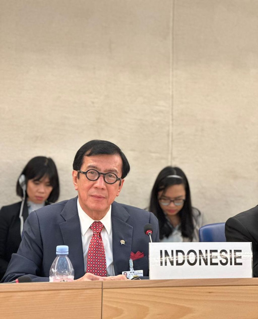 Menteri Hukum dan HAM Yasonna H Laoly, saat berbicara mewakili Pemerintah Indonesia dalam sidang Sidang Peninjauan Berkala Universal Siklus IV Dewan HAM PBB, di Jenewa, Rabu (9/11/2022) petang.