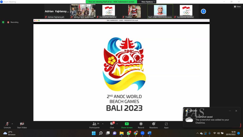 Logo World Beach Games 2023 yang ditayangkan dalam jumpa pers daring, Kamis (20/10/2022), seusai Sidang Umum ANOC ke-26 di Seoul, Korea Selatan, 19-20 Oktober. Promosi potensi wisata Bali menjadi alat jitu Komite Olimpiade Indonesia (KOI) untuk menarik minat peserta berpartisipasi dalam World Beach Games (WBG) 2023. Dengan cara itu, 205 negara anggota Asosiasi Komite Olimpiade Nasional (ANOC) berkomitmen untuk mengikuti WBG dan Sidang Umum ANOC di Pulau Dewata, 5-15 Agustus tahun depan.