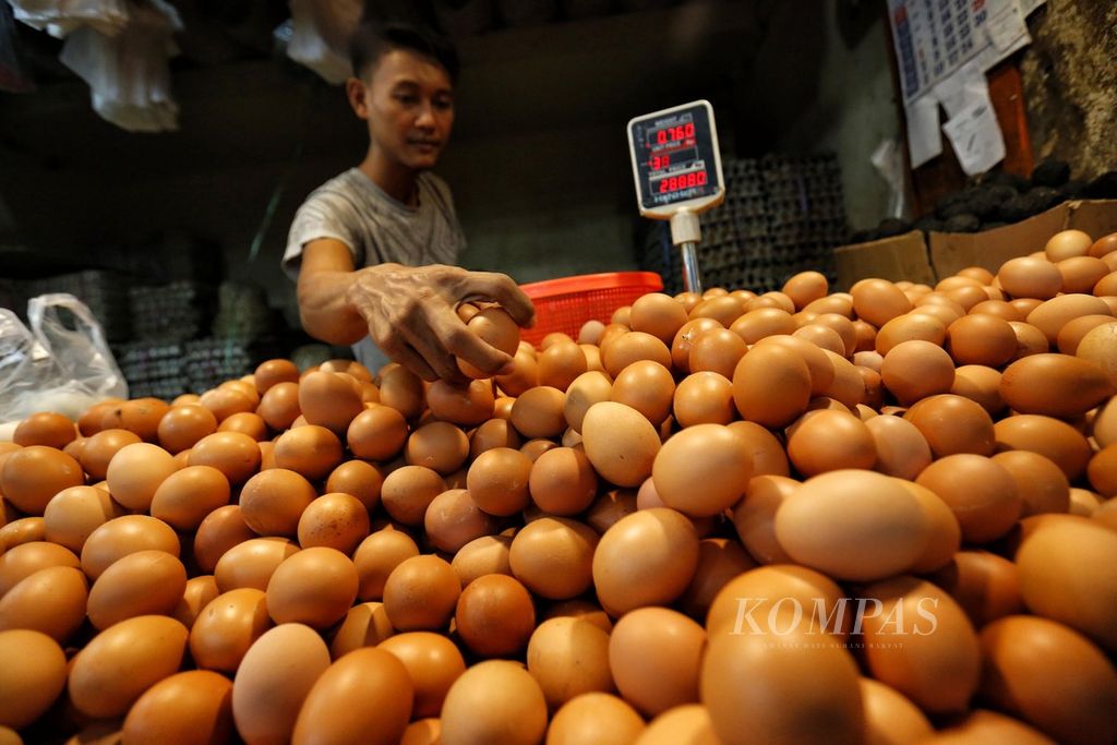 Pedagang melayani pembeli di Pasar Kebayoran Lama, Jakarta Selatan, Senin (3/7/2023). Kenaikan harga telur ayam menyumbang inflasi beberapa bulan terakhir. 