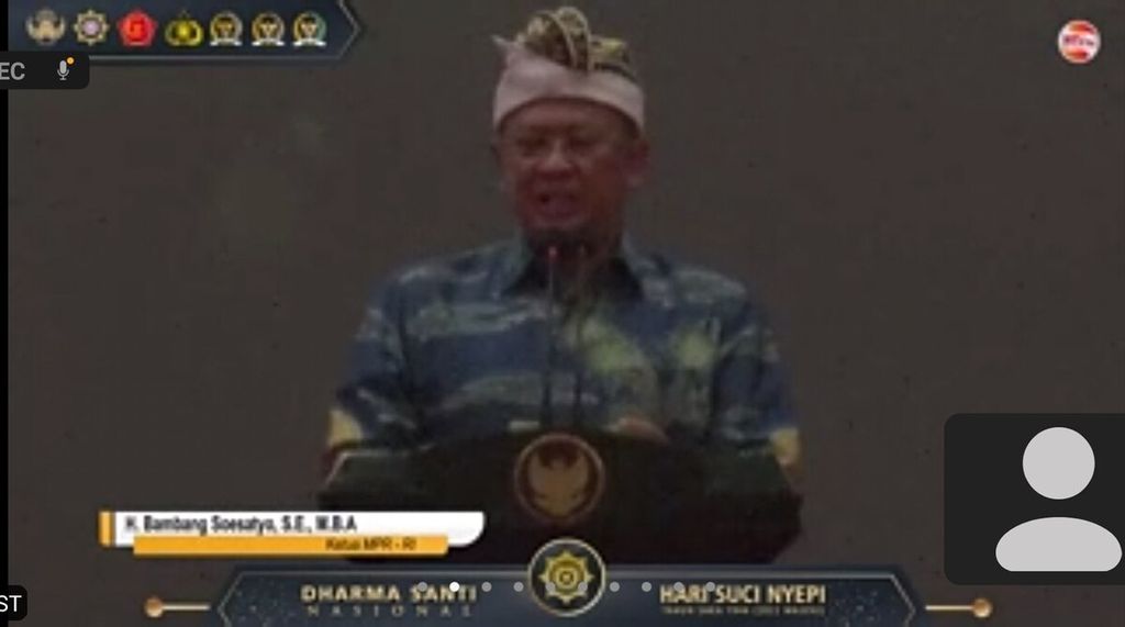 Tangkapan layar dari tayangan Ketua MPR RI Bambang Soesatyo ketika memaparkan empat pilar MPR RI serangkaian kegiatan Dharma Santi Nasional Hari Suci Nyepi Tahun Baru Saka 1944 di Jakarta, Minggu (10/4/2022).