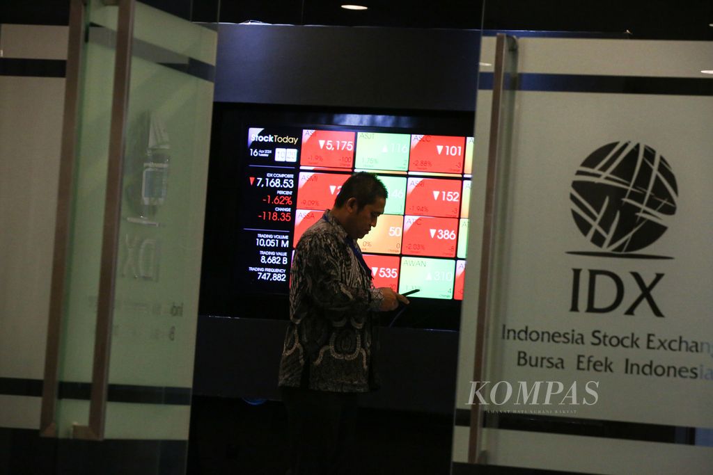 Pengunjung melintas di depan monitor yang memperlihatkan pergerakan indeks di Bursa Efek Indonesia di Jakarta, Selasa (16/4/2024). Indeks Harga Saham Gabungan (IHSG) pada pembukaan perdagangan Selasa pagi pascalibur panjang Lebaran berada di zona merah.