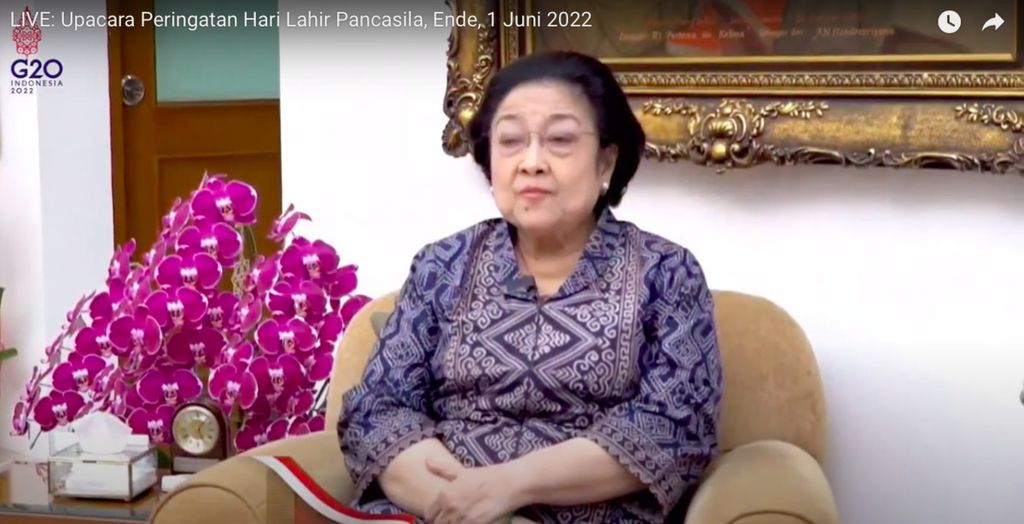 Ketua Dewan Pengarah Badan Pembinaan Ideologi Pancasila (BPIP) Megawati Soekarnoputri saat memberikan kata sambutan secara daring, Rabu (1/6/2022). 