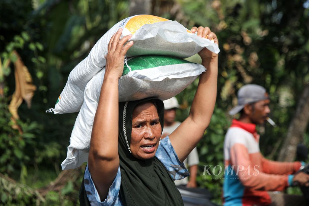 Warga membawa beras bantuan yang mereka ambil dari Kantor Desa Pringgasela Selatan, Kecamatan Pringgasela, Kabupaten Lombok Timur, Nusa Tenggara Barat, Senin (18/12/2023). 