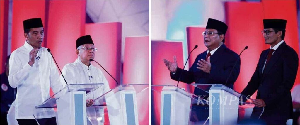 Pasangan calon presiden dan wakil presiden Joko Widodo-Ma’ruf Amin dan Prabowo Subianto-Sandiaga Uno dalam debat perdana capres-cawapres Pilpres 2019 di Hotel Bidakara, Jakarta, Kamis (17/1/2019).