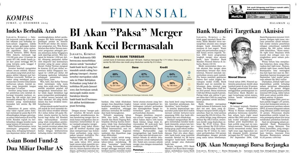 Berita harian <i>Kompas</i> edisi 17 Desember 2004 yang membahas tentang upaya BI melakukan konsolidasi bank.