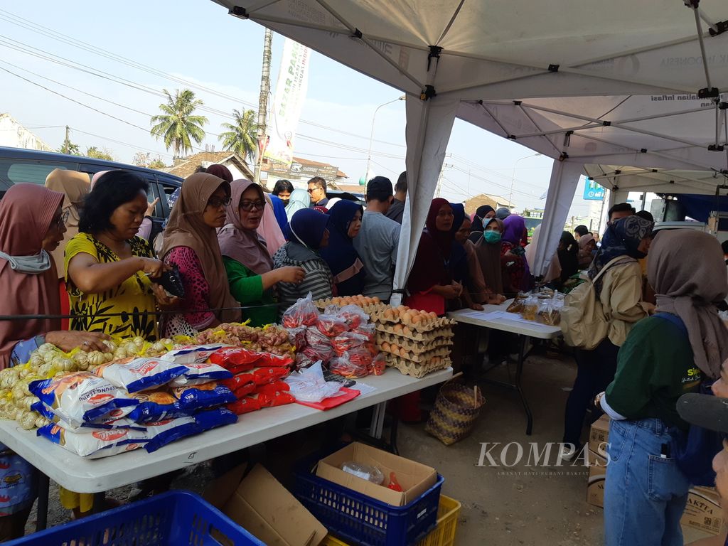 Ratusan warga mengantre pembagian bantuan pangan di Pasar Natar, Kecamatan Natar, Kabupaten Lampung Selatan, Lampung, Rabu (20/9/2023).
