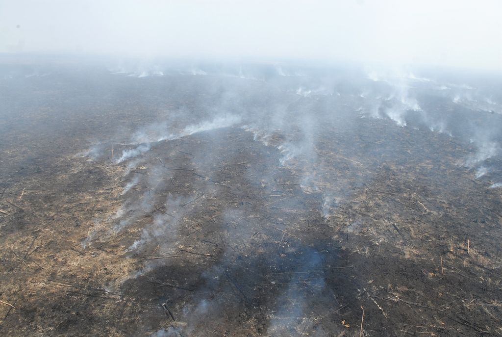 Kebakaran masih luas membara di wilayah Kumpeh, Kabupaten Muaro Jambi, Jambi, dalam patroli udara Tim Satuan Tugas Karhutla Jambi dan Badan Nasional Penanggulangan Bencana, Senin (8/10/2019). 