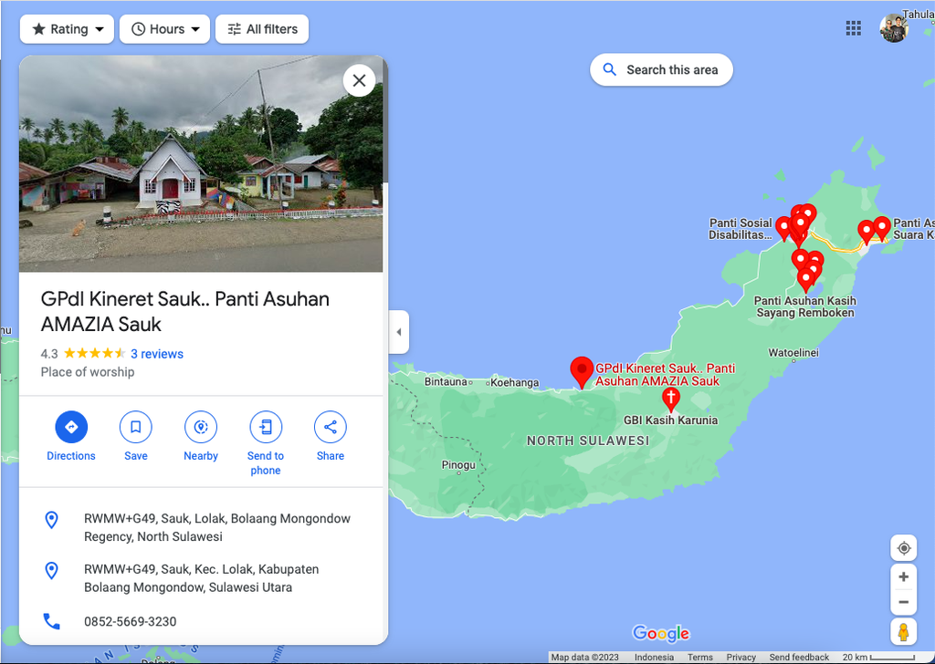 Lokasi Panti Asuhan Kristen Amazia di Desa Sauk, Lolak, Bolaang Mongondow. Tangkapan layar diambil pada Selasa (17/1/2023).