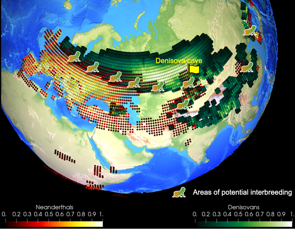 Habitat yang disukai <i>Neanderthal</i> (merah)/<i>Denisovan</i> (hijau). Area kawin silang potensial di Asia Tengah dan Eropa utara ditunjukkan dengan bentuk bayi dan warna tumpang tindih. 