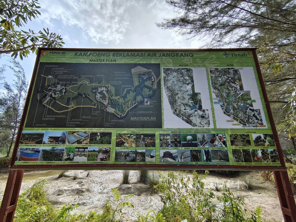Peta Kampoeng Reklamasi Air Jangkang di Desa Riding Panjang, Kecamatan Merawang, Kabupaten Bangka, Provinsi Bangka Belitung, Jumat (17/11/2023). Tempat ini adalah bekas lokasi tambang PT Timah yang telah ditinggalkan atau tidak dioperasikan lagi sejak 2005.