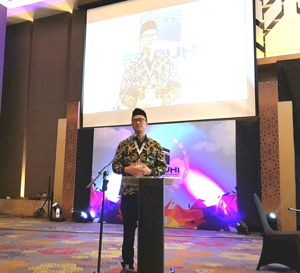 Ketua Umum Serikat Penyelenggara Umrah Haji Indonesia Syam Resfiadi. Ia memberikan sambutan dalam acara Musyawarah Nasional I SAPUHI di Hotel Inn Kemayoran, Jakarta Utara, Jumat (6/7/2018).