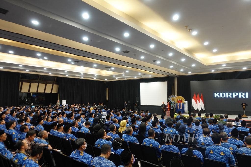 Rapat Kerja Nasional Korps Pegawai Republik Indonesia (Korpri) Tahun 2023 di Hotel Mercure Ancol, Jakarta, Selasa (3/10/2023).