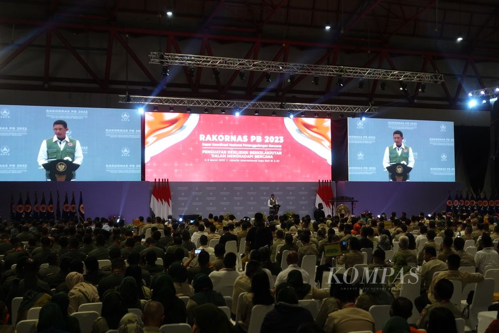 Kepala Badan Nasional Penanggulangan Bencana Suharyanto saat memberikan sambutan pada penutupan Rapat Koordinasi Nasional Penanggulangan Bencana Tahun 2023 di Jakarta International Expo, Kemayoran, Jakarta, Kamis (2/3/2023).