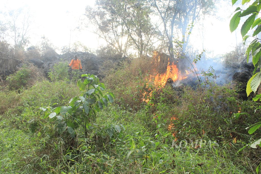 Api di Blok Karangsanggar, Desa Pasawahan, Kecamatan Pasawahan, Kabupaten Kuningan, Jawa Barat, Minggu (27/8/2023) sore.