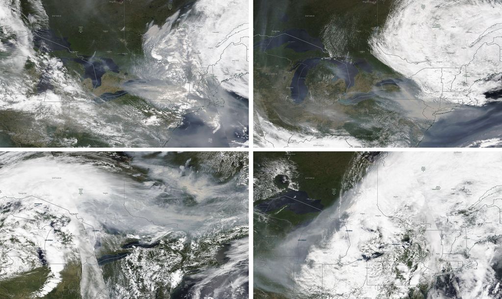 Gambar satelit yang diambil pada 6, 7, 25, dan 27 Juni 20203 (dari kiri atas ke kanan searah jarum jam) memperlihatkan pergerakan angin dari kebakaran lahan dan hutan di Quebec, Kanada. Kebakaran lahan di Kanada telah membuat sejumlah negara bagian di AS tertutup kabut asap dan kualitas udaranya memburuk. 