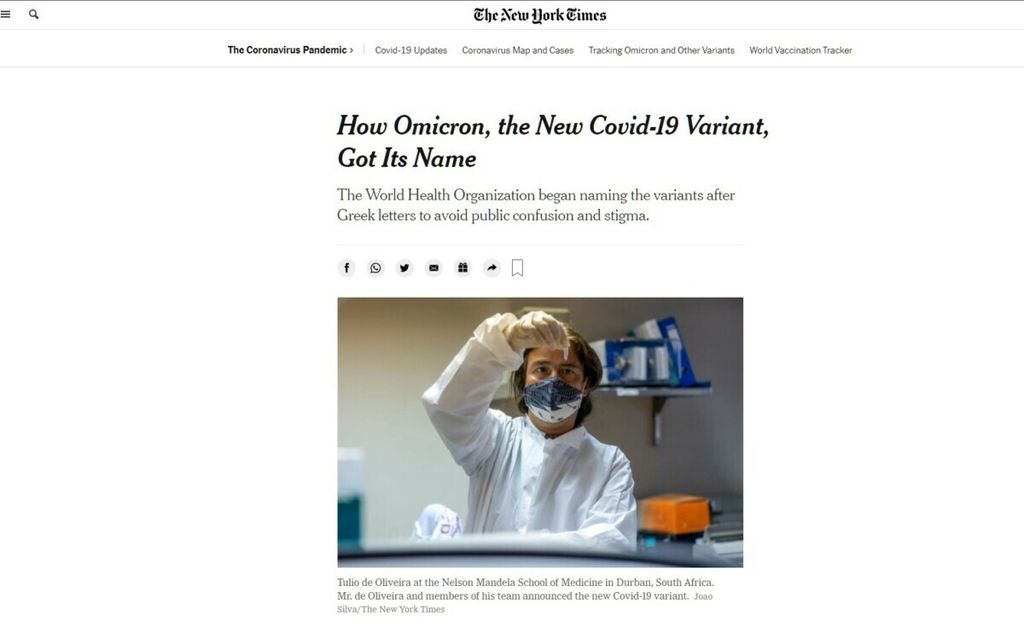 Tangkapan layar artikel tentang varian virus Omicron di <i>The New York Times</i> (27/11/2021).
