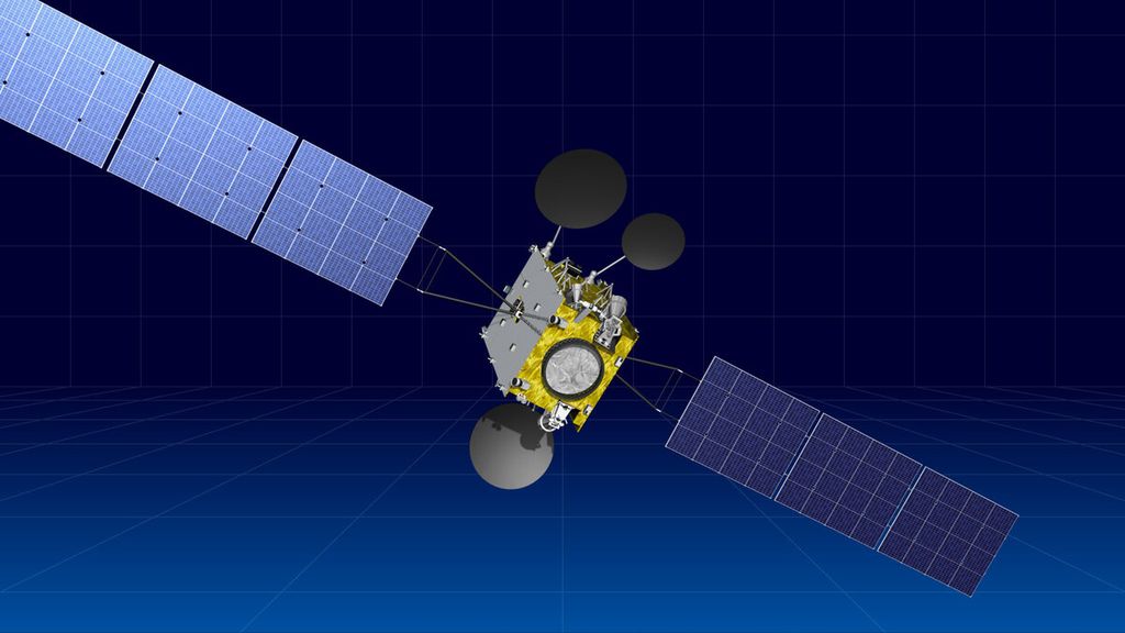 Ilustrasi satelit Telkom-3 yang dibuat oleh perusahaan Rusia, ISS-Reshetnev. Satelit ini diluncurkan pada 7 Agustus 2012, tetapi gagal mencapai orbit akibat gangguan pada roket peluncurnya. Jumat (5/2/2021), satelit ini kembali memasuki atmosfer Bumi dan diperkirakan jatuh di dekat perbatasan China-Mongolia.